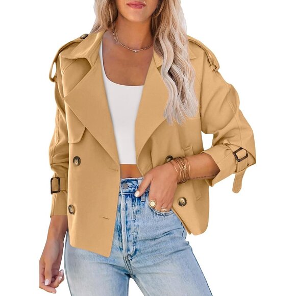Jackets & Blazers - Women's Khaki Crop Double Breasted Trench Coat Raglan Sleeve Cropped Jacket